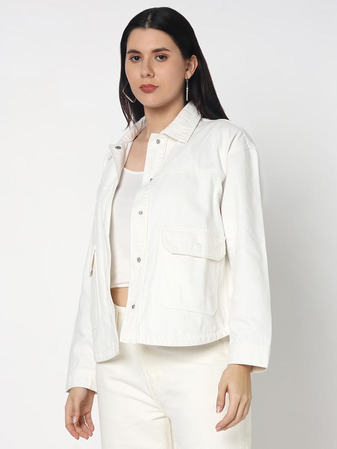 Women Denim Relaxed Fit Washed Shirt Collar Jacket