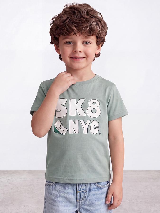 R&B Boys Light Green Short Sleeve Round Neck Typography T-Shirt