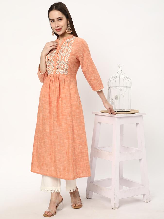 Women Cotton Regular Fit Mandarin Collar Embroidered Kurta