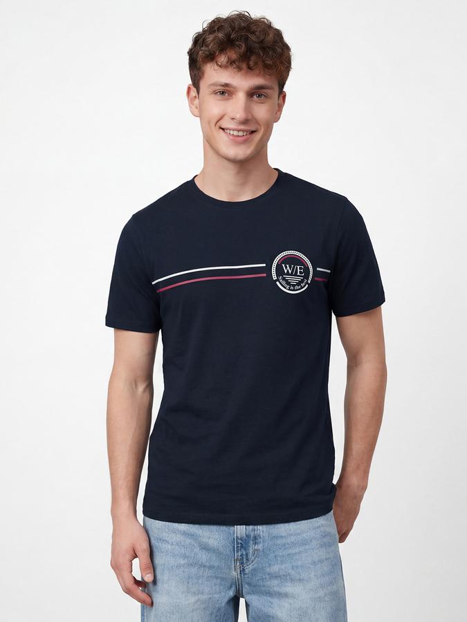 R&B Men's Navy Blue Short Sleeves Round Neck Graphic Print T-Shirt