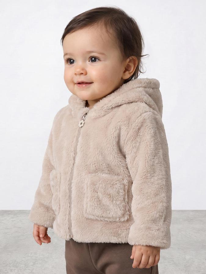 R&B Girls Beige Solid Hooded Long Sleeves Fur Jacket