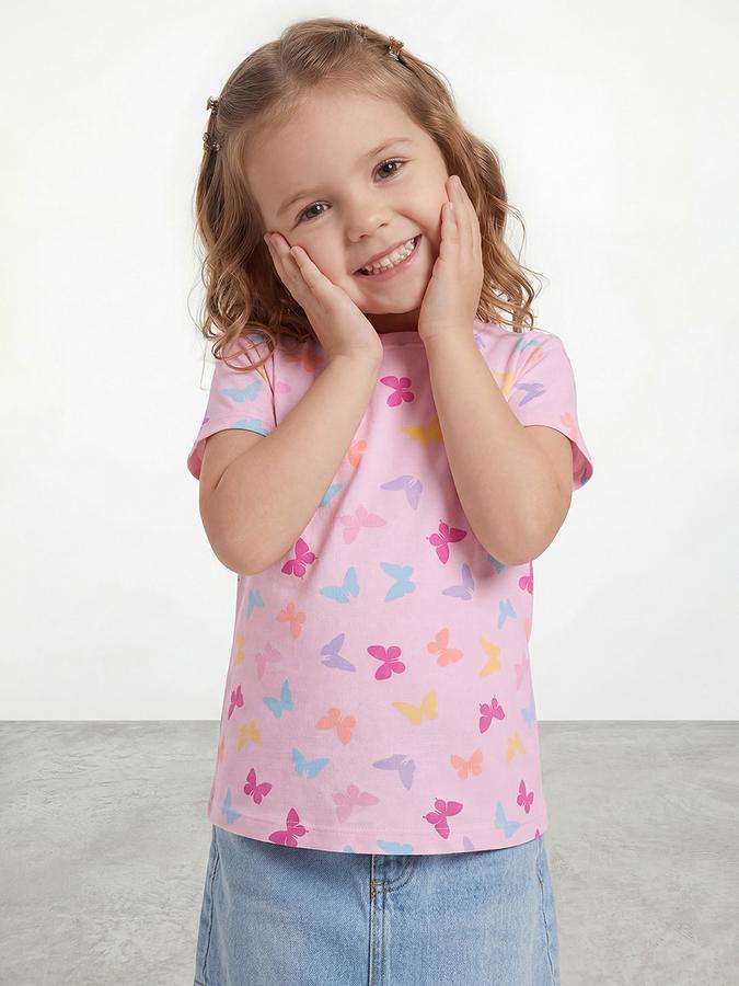 R&B Girls Pink Regular Fit Butterfly Print Short Sleeve T-shirt