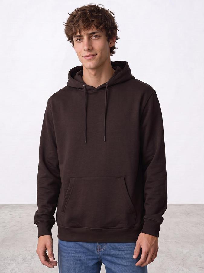 R&B Men Coffee Solid Hooded Long Sleeves Sweatshirt