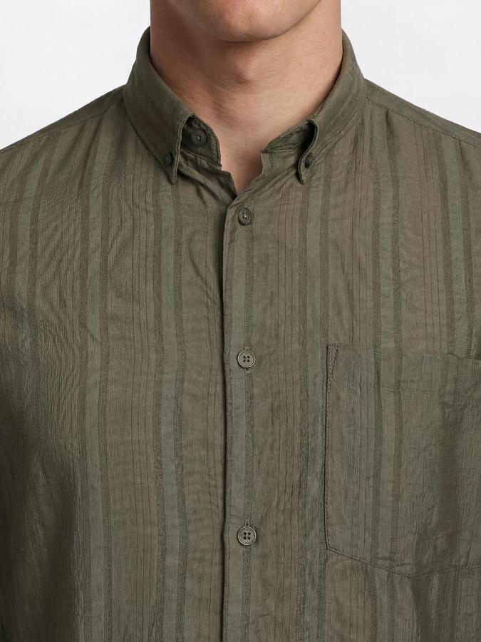 R&B Men Olive Button Down Long Sleeves Striped Shirt