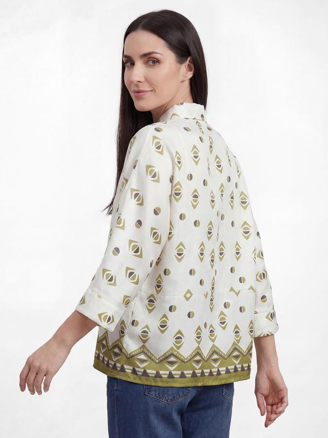 R&B Womens BLUE Printed Shirt Collar Three-Quarter Sleeves Tops 