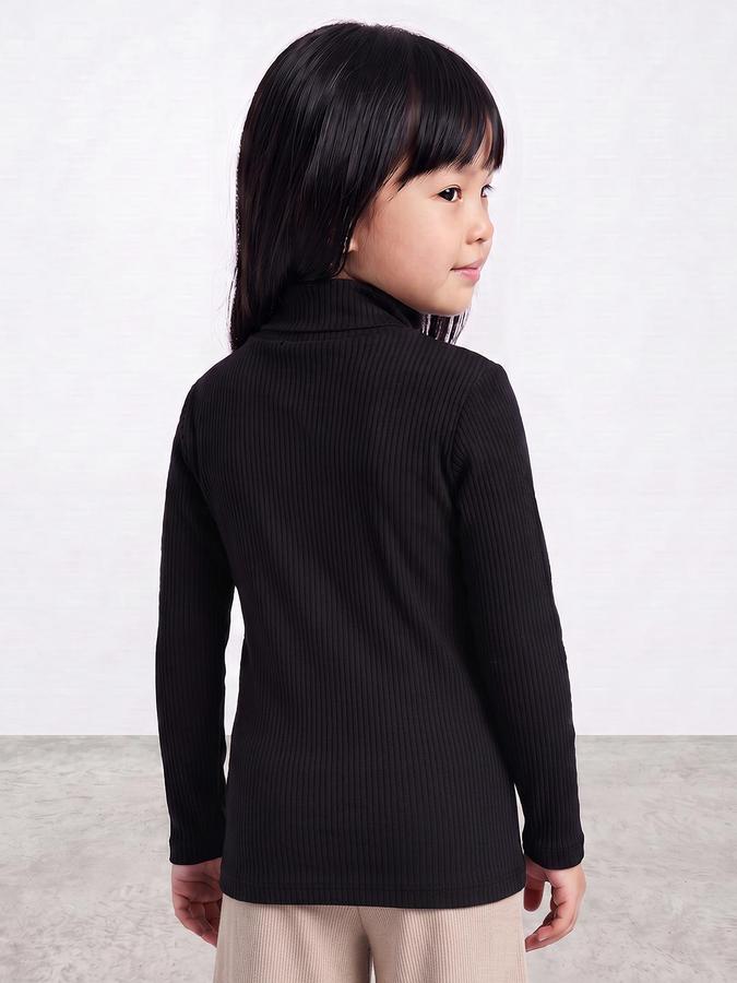 R&B Girls Black Textured Long Sleeves High Neck Ribbed T-Shirt