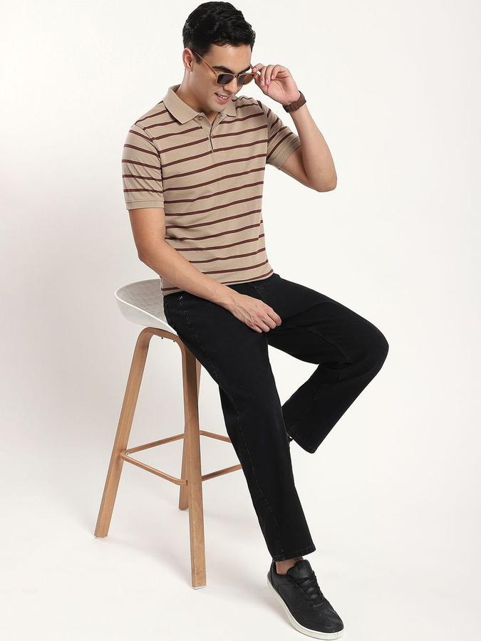 Men Cotton Blend Regular Fit Polo Neck Striped T-shirt