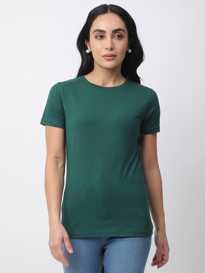 R&B Women Dark Green Solid Ruched T-Shirt