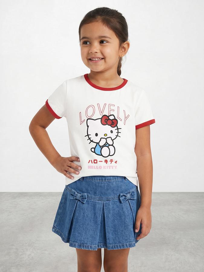R&B Girls White Regular Fit Hello Kitty Printed Short Sleeve T-shirt