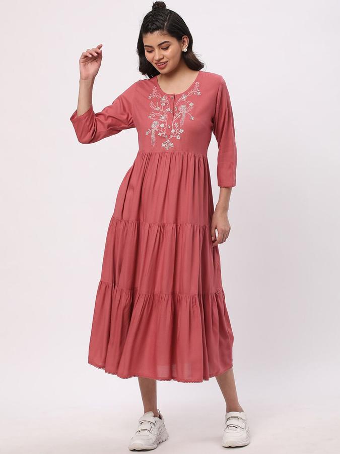 R&B Women Pink Embroidered Three Quarter Sleeves Fit &amp; Flared Midi  Ethnic Dress