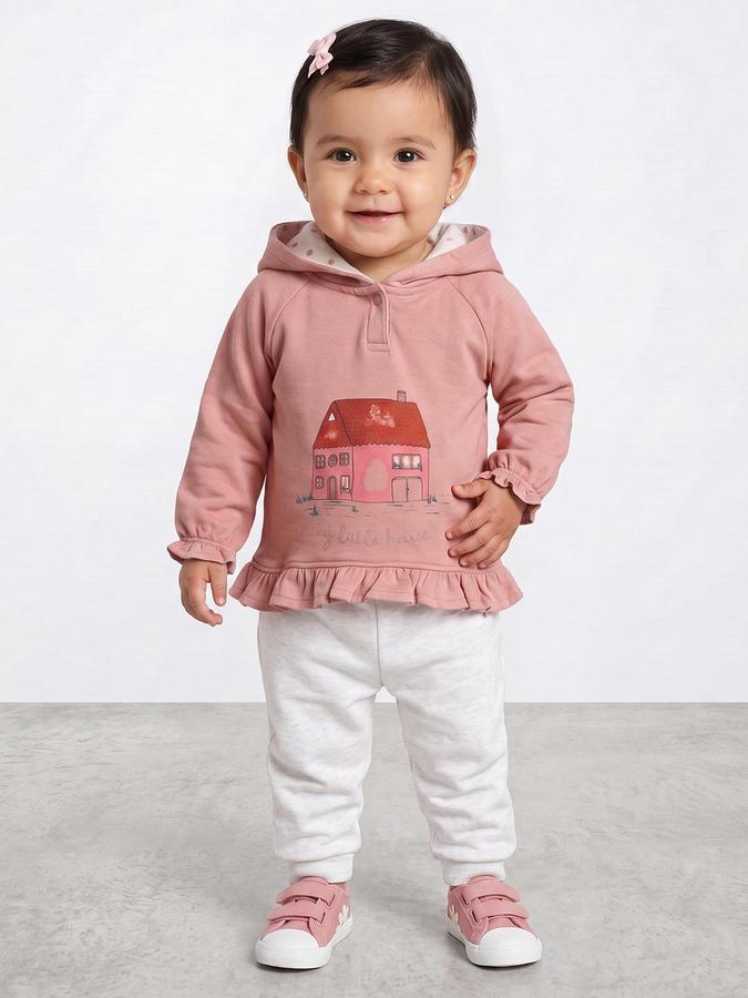 R&B Girls Peach Graphic Print Hooded Long Sleeves Sweatshirt