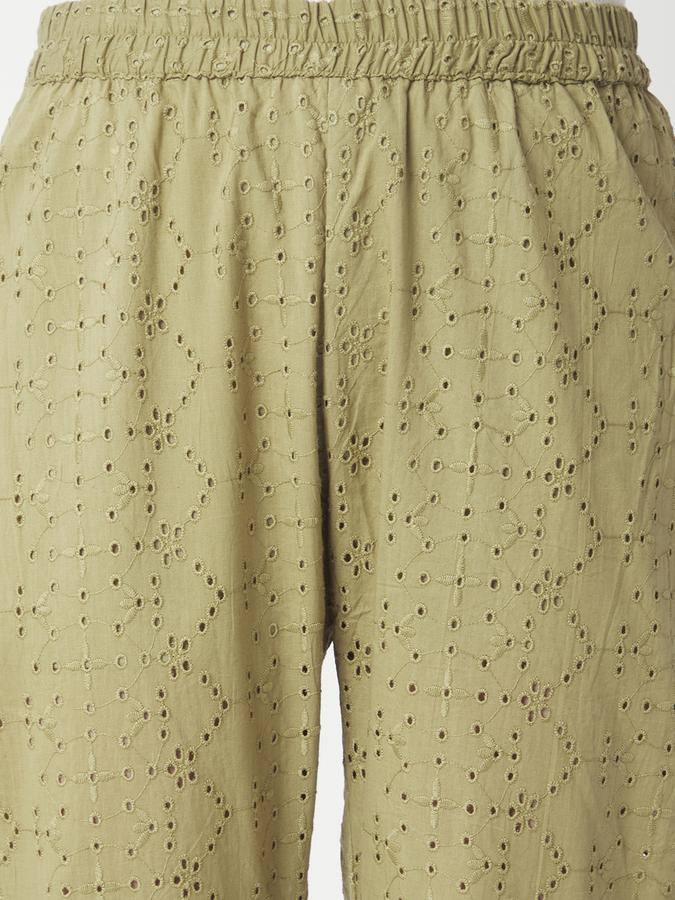 Women Cotton Tapered Elasticated Waist Embroidered Trousers