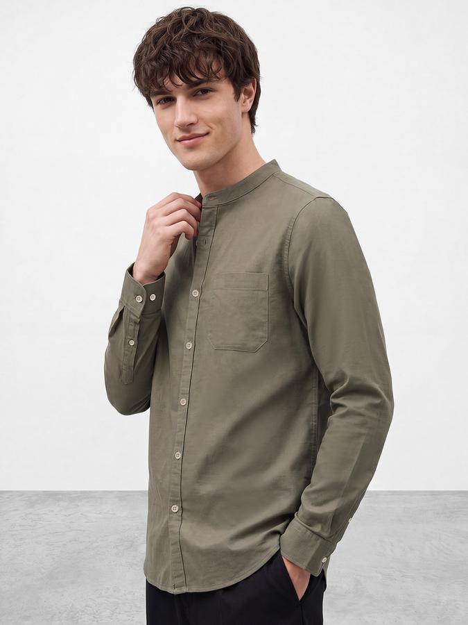 R&B Men's Olive Long Sleeves Slub Mandarin Collar Shirt