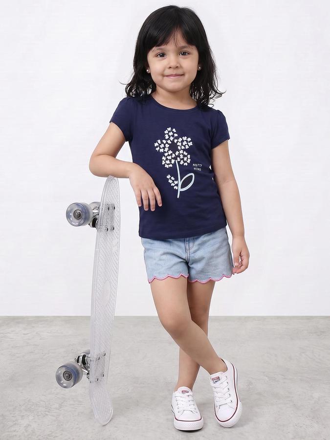 R&B Girls Navy Floral Print Short Sleeves Round Neck Pure Cotton T-Shirt