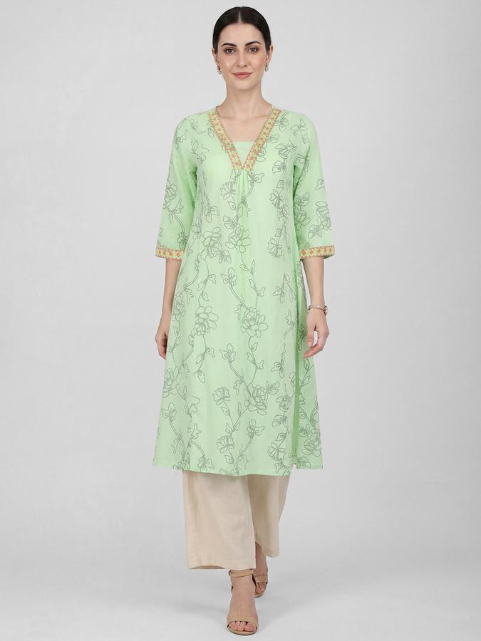 R&B Green Embroidered Women Three-Quarter Sleeves V-Neck Kurta