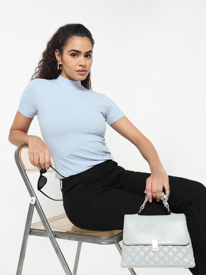 R&B Women Powder Blue Solid Ribbed Top