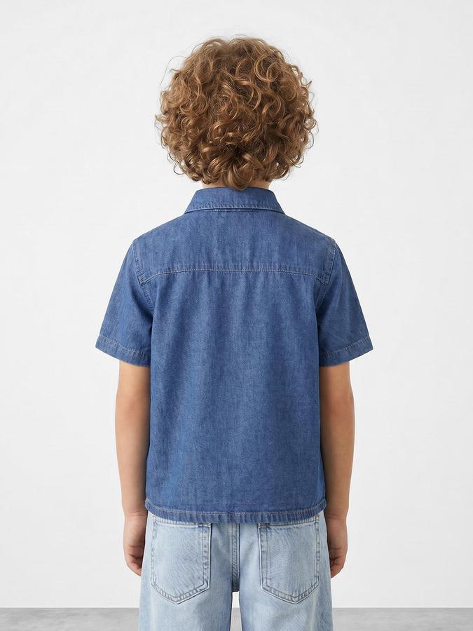 R&B Boys Medium Blue Spread Collar Short Sleeves Tropical Palm Tree Embroidery Shirt