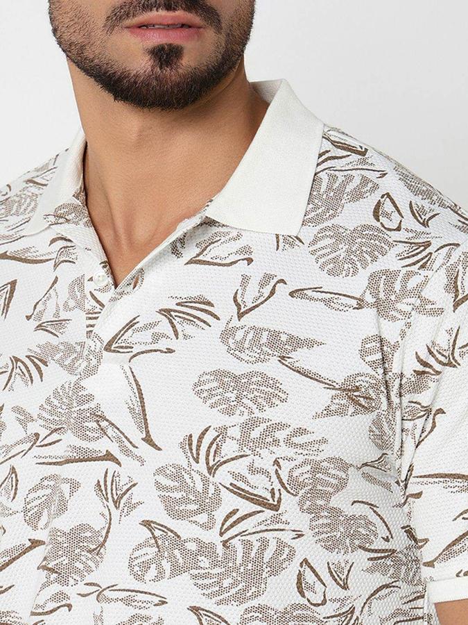 R&B Mens Ivory Floral Print Polo Collar Short Sleeves T-shirt