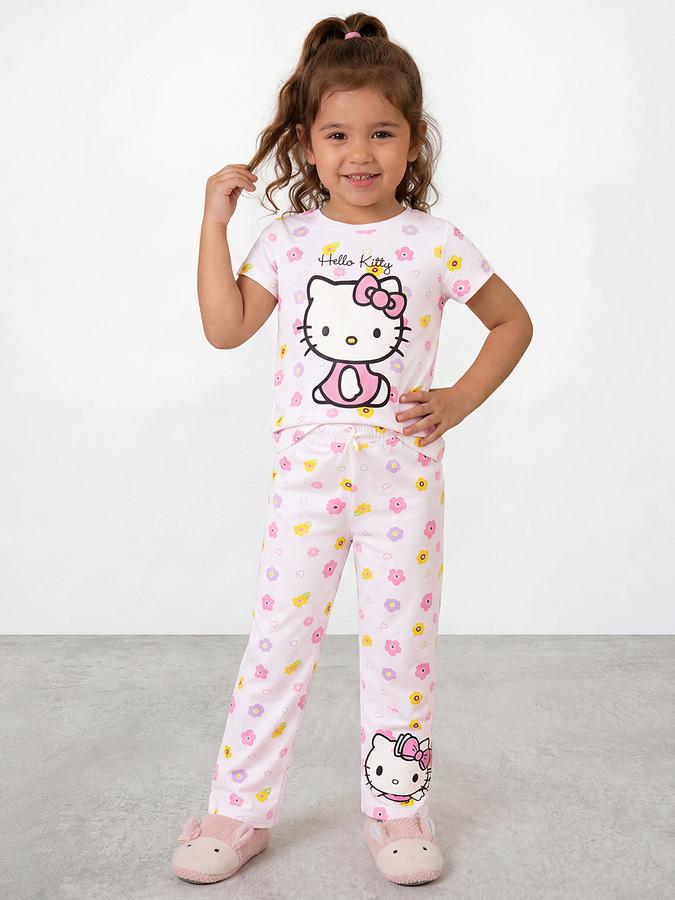 R&B Girls White Hello Kitty Print Short Sleeves Pure Cotton T-shirt &amp; Pyjamas Set