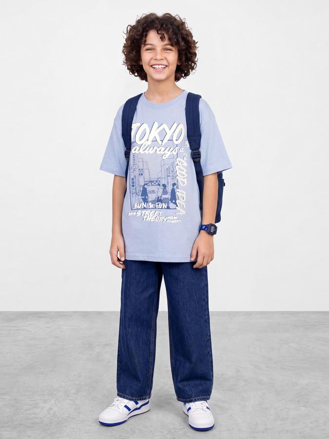 R&B Boys Blue Graphic Print Short Sleeves Round Neck Pure Cotton T-Shirt