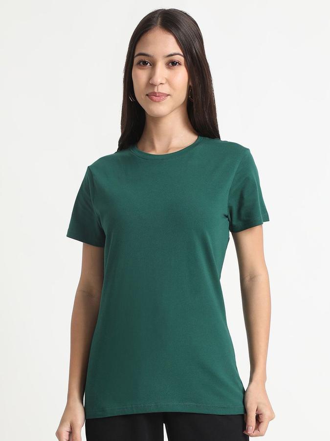 R&B Womens Dark Green Solid Round Neck Short Sleeves T-shirt