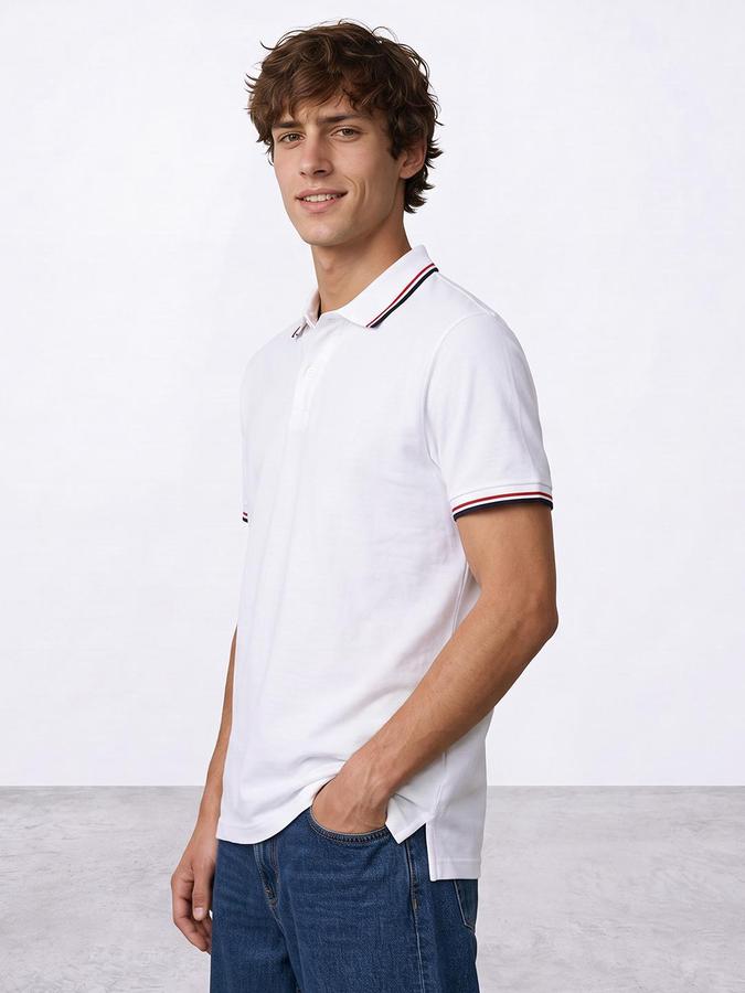 R&B Men Ivory Textured Short Sleeves Polo Collar T-Shirt