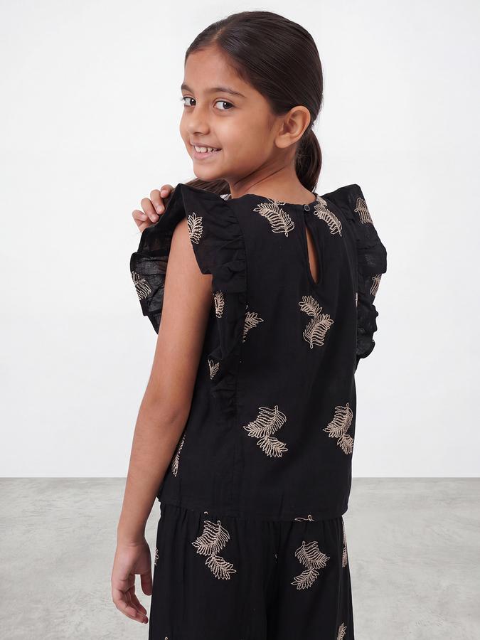 R&B Girls Black Regular Fit Floral Print Flutter Sleeve Top