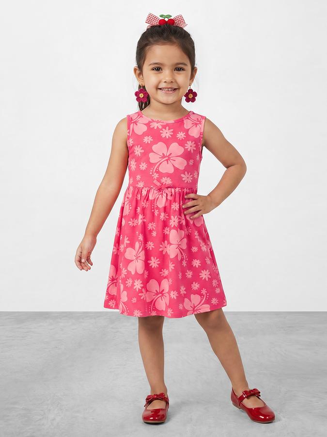 R&B Girl Pink  Floral Print Pure Cotton Sleeveless Fit and Flare Dress