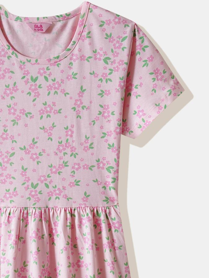 Girls Cotton Regular Fit Round Neck Floral Dress