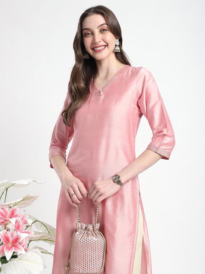 R&B Women Pink Solid V-Neck Knee Length Ethnic Kurta