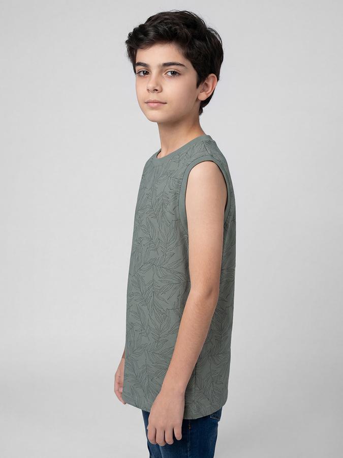 R&B Green Floral Print Boys Round Neck Regular Fit Sleeveless T-Shirt 