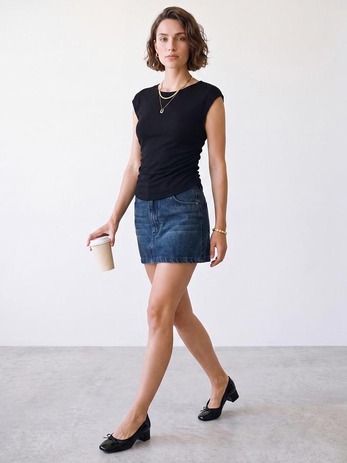 R&B Womens Black Round Neck Cap Sleeve Solid Top