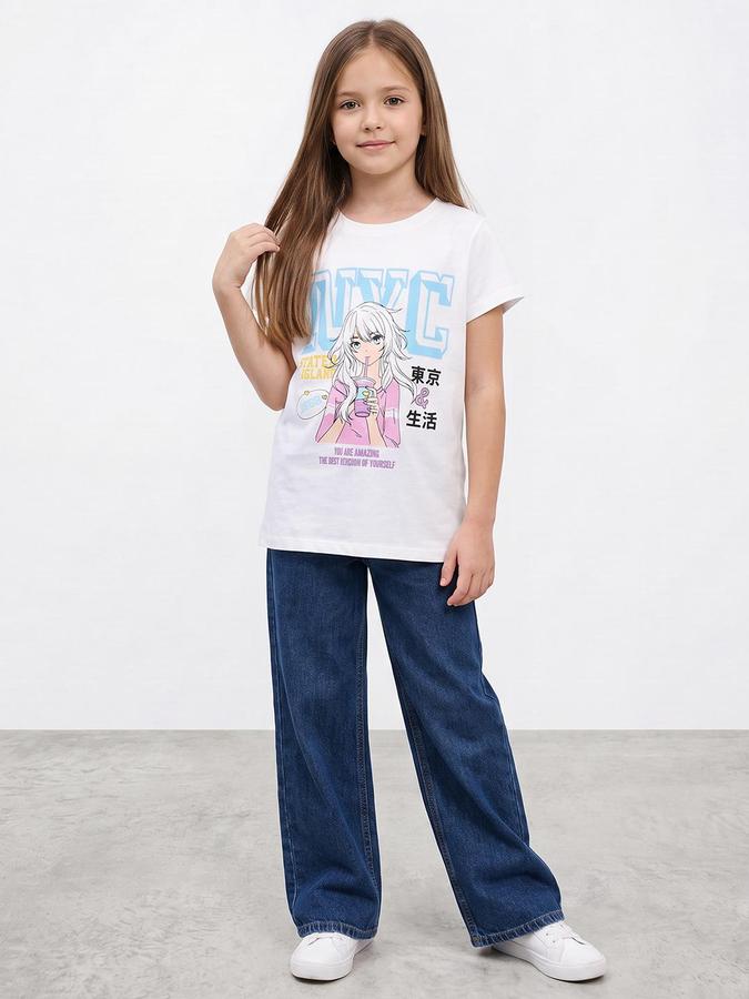 R&B Girls White Graphic Print Short Sleeves Round Neck Pure Cotton T-Shirt