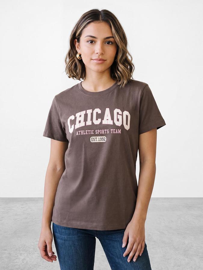 R&B Women Dark Brown City Print Short Sleeves Round Neck Pure Cotton T-Shirt