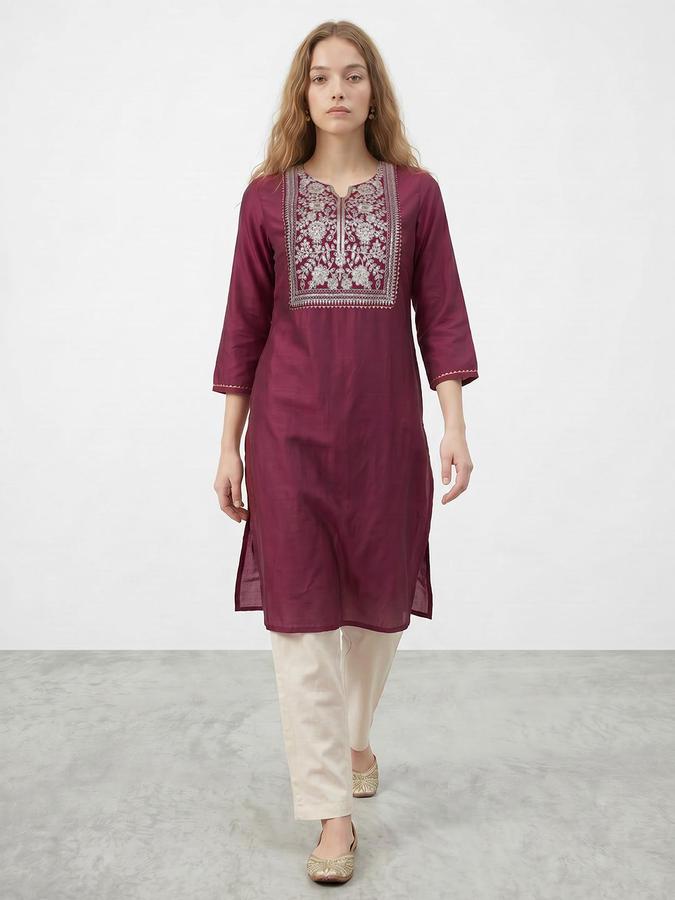R&B Women Maroon Embroidered Round Neck Three-Quarter Sleeves Calf Length Straight Kurta 