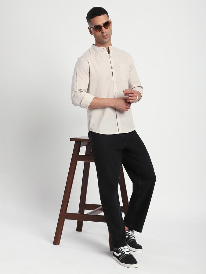 Men Cotton Slim Fit Mandarin Collar Solid Shirt