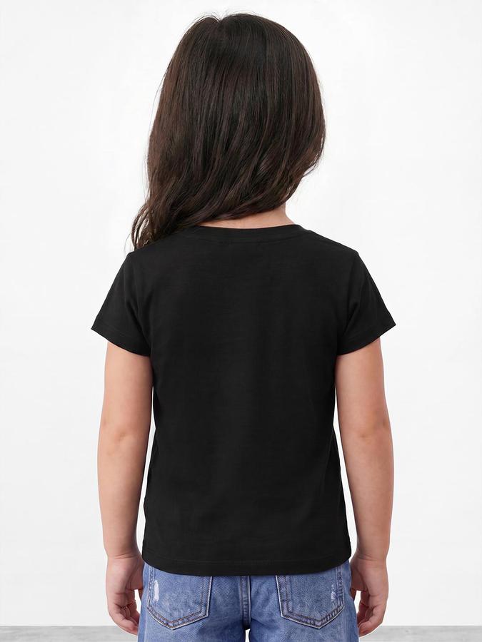 R&B Girls Black Beach Print Short Sleeves Round Neck Pure Cotton T-Shirt