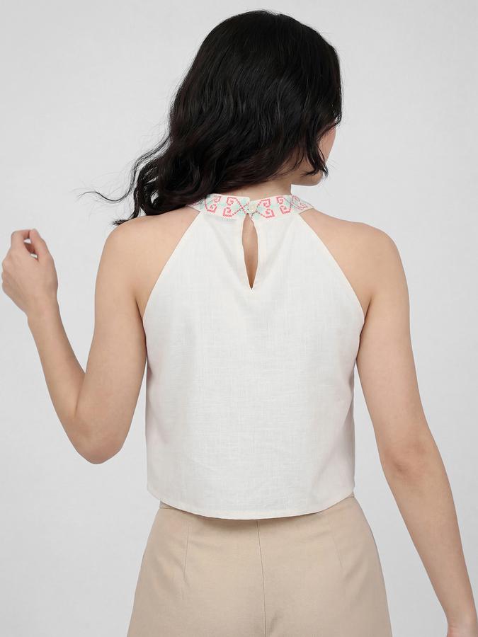 R&B Off White Ethnic Motifs Print Halter Neck Sleeveless Women Top