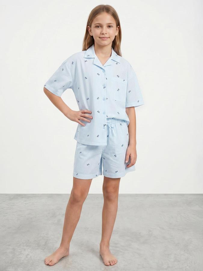 R&B Girls Blue Striped Shirt Collar Short Sleeves Pure Cotton Shirt &amp; Shorts Set