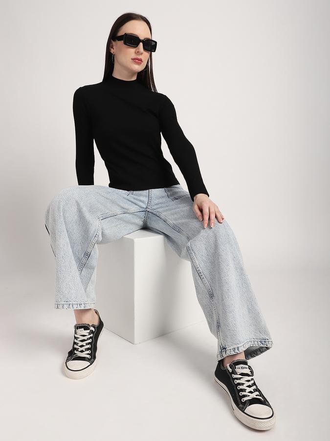 Women Cotton Slim Fit Mock Neck Ribbed Top