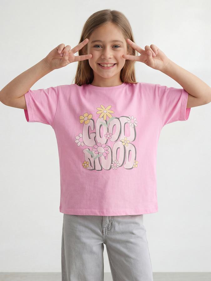 R&B Girls Pink Regular Fit Floral Print Short Sleeve T-shirt