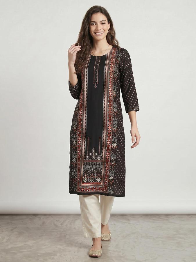 R&B Women Black Printed Round Neck Three-Quarter Sleeves Calf Length Straight Kurta 