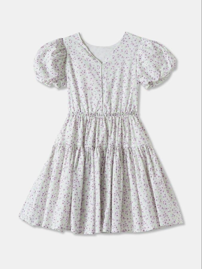 R&B White Floral Printed Girls Short Sleeves Dress