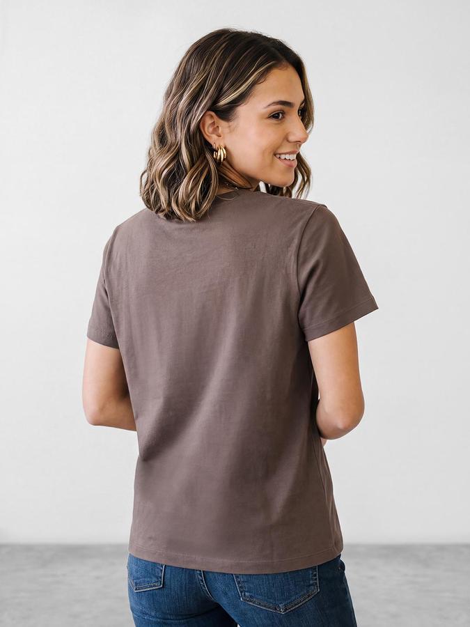 R&B Women Dark Brown City Print Short Sleeves Round Neck Pure Cotton T-Shirt