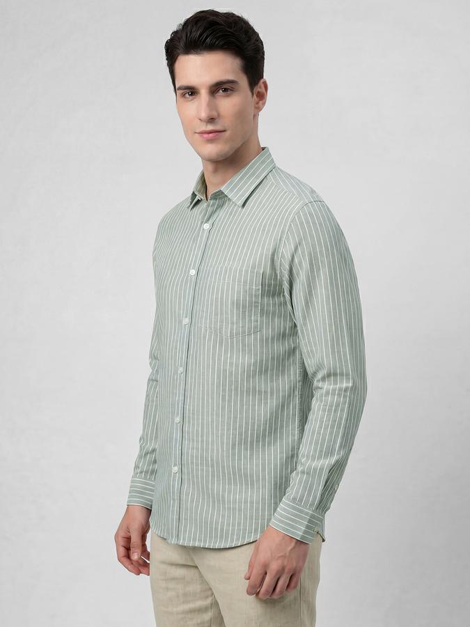 R&B Green Striped Men Spread Collar Long Sleeves Shirt