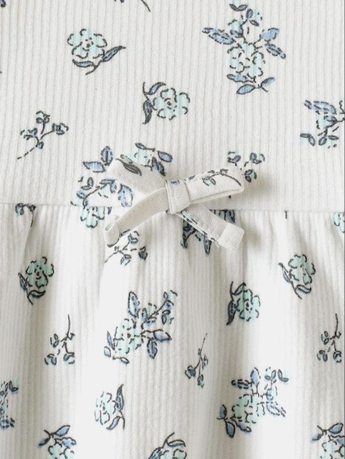 R&B White Floral Printed Girls Long Sleeves Dress