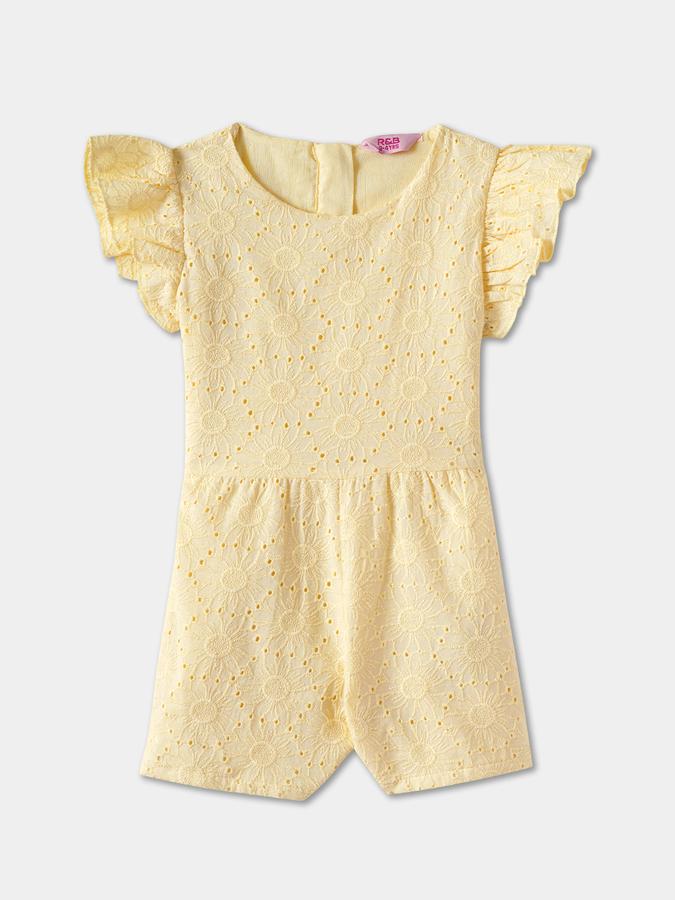 Girls Cotton Regular Fit Flutter Sleeves Embroidered Hem Dungaree