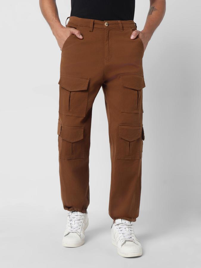 Men Cotton Regular Fit Drawstring Hem Cargo Trousers