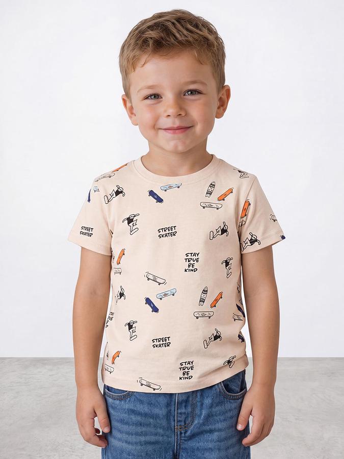 R&B Boys Beige Short Sleeve Round Neck Cute Graphic Print T-Shirt