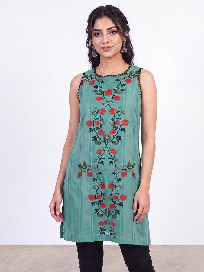 R&B Women Green Floral Embroidered Round Neck Sleeveless Ethnic Tunics